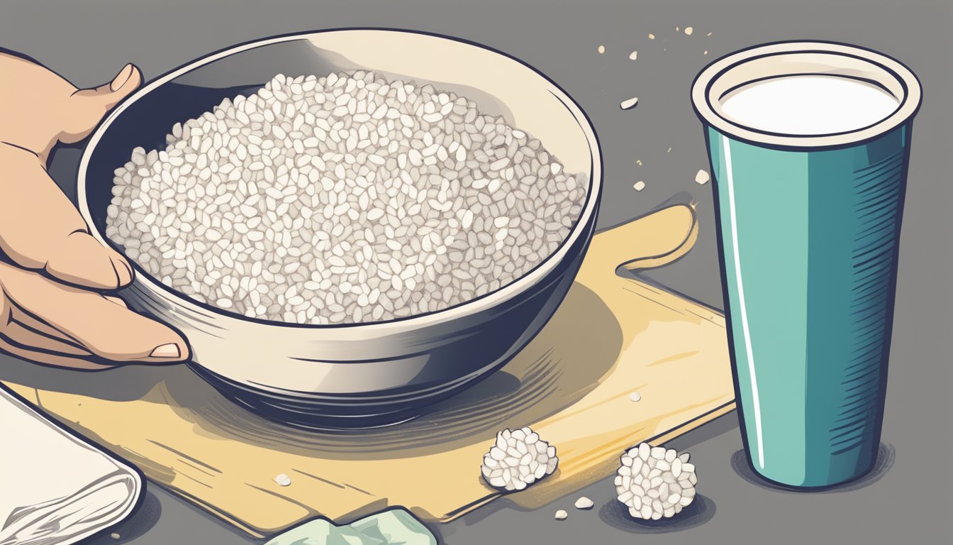 A bowl of rice puffs with a measuring cup next to it. A hand reaching for the cup, indicating portion control for diabetics