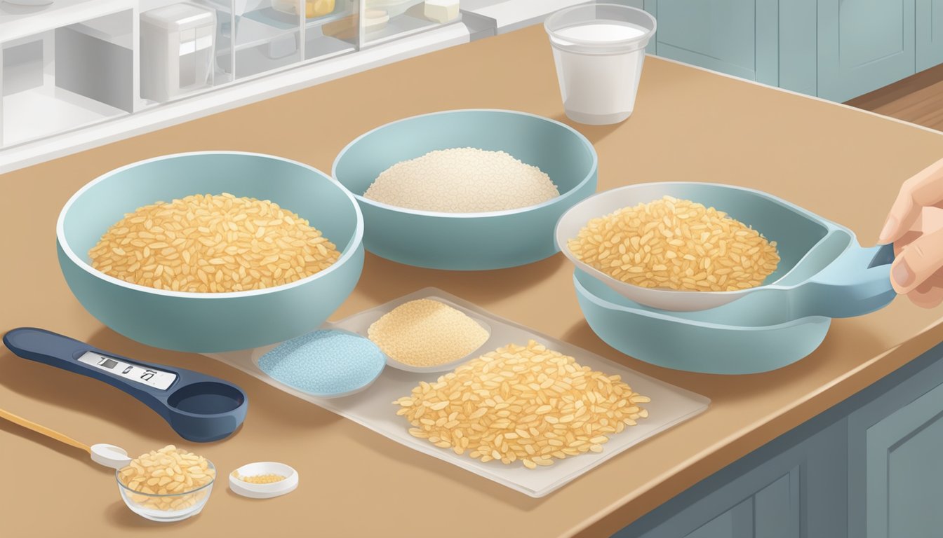 A diabetic measuring out portions of rice snacks with a measuring cup on a clean, organized kitchen counter