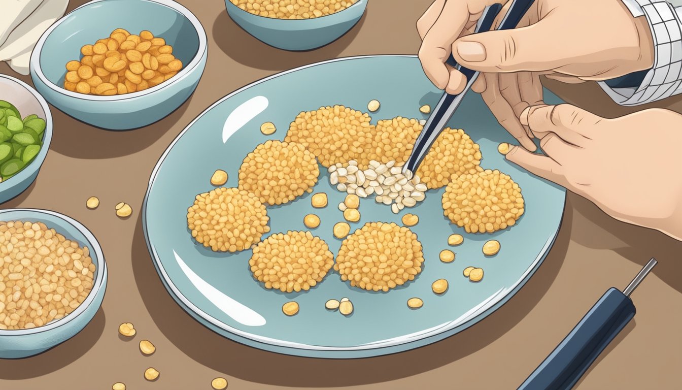 A diabetic person carefully counting out a portion of rice snacks onto a plate for a snack