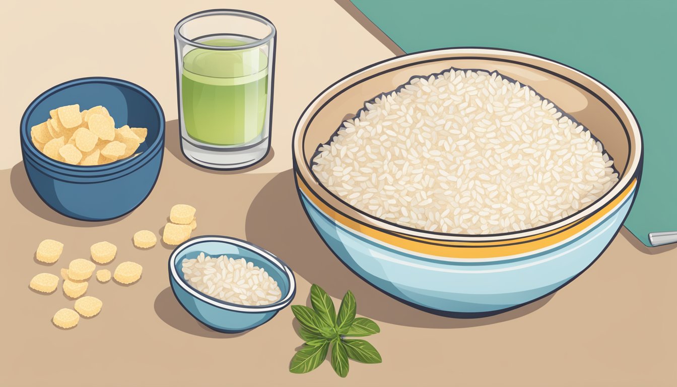 A bowl of rice crisps with a measuring cup and a diabetes-friendly portion size guide