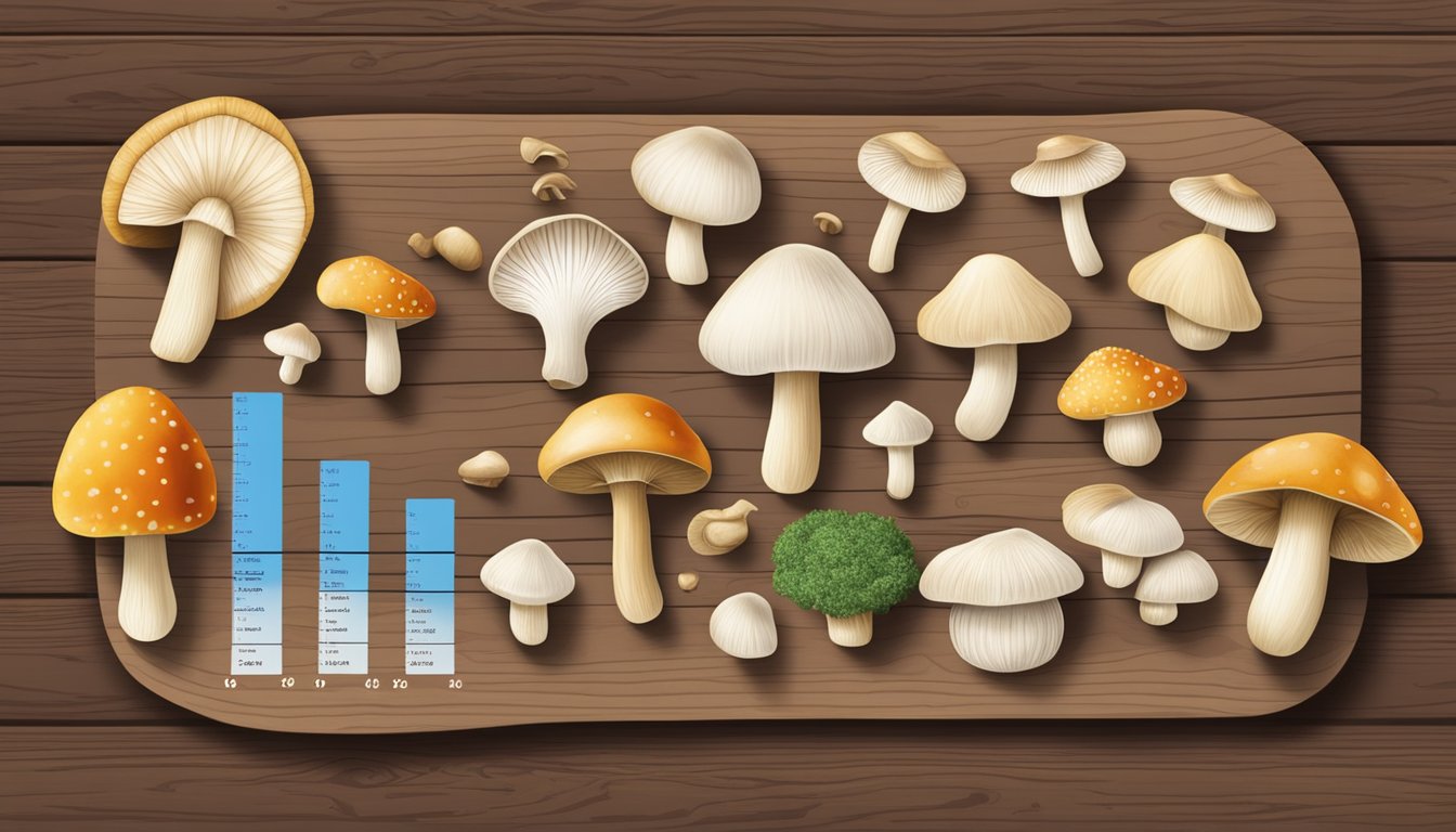 A variety of mushrooms arranged on a wooden cutting board, with a glycemic index chart in the background