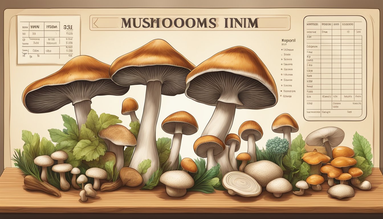 A variety of mushrooms arranged on a wooden cutting board, with a nutrition label and glycemic index chart displayed nearby