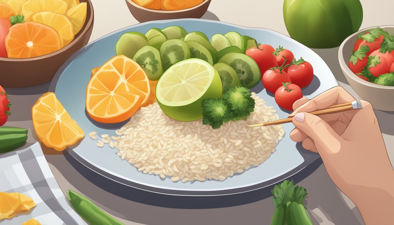 A diabetic carefully measures out a serving of rice crisps onto a plate, surrounded by fresh fruits and vegetables