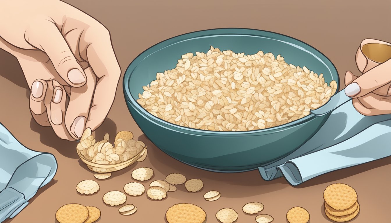 A diabetic hand reaches for a small bowl of rice crisps, with a measuring cup nearby showing a recommended portion size