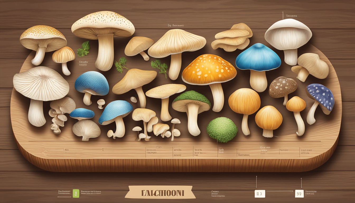 A variety of common mushrooms arranged on a wooden cutting board, with a nutrition chart showing their respective glycemic index values