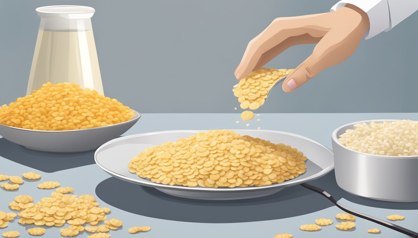 A diabetic measures out a portion of rice crisps onto a plate using a measuring cup