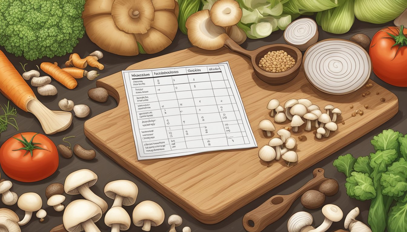 A variety of mushrooms arranged on a cutting board next to fresh vegetables and grains, with a measuring tape and a nutrition chart in the background