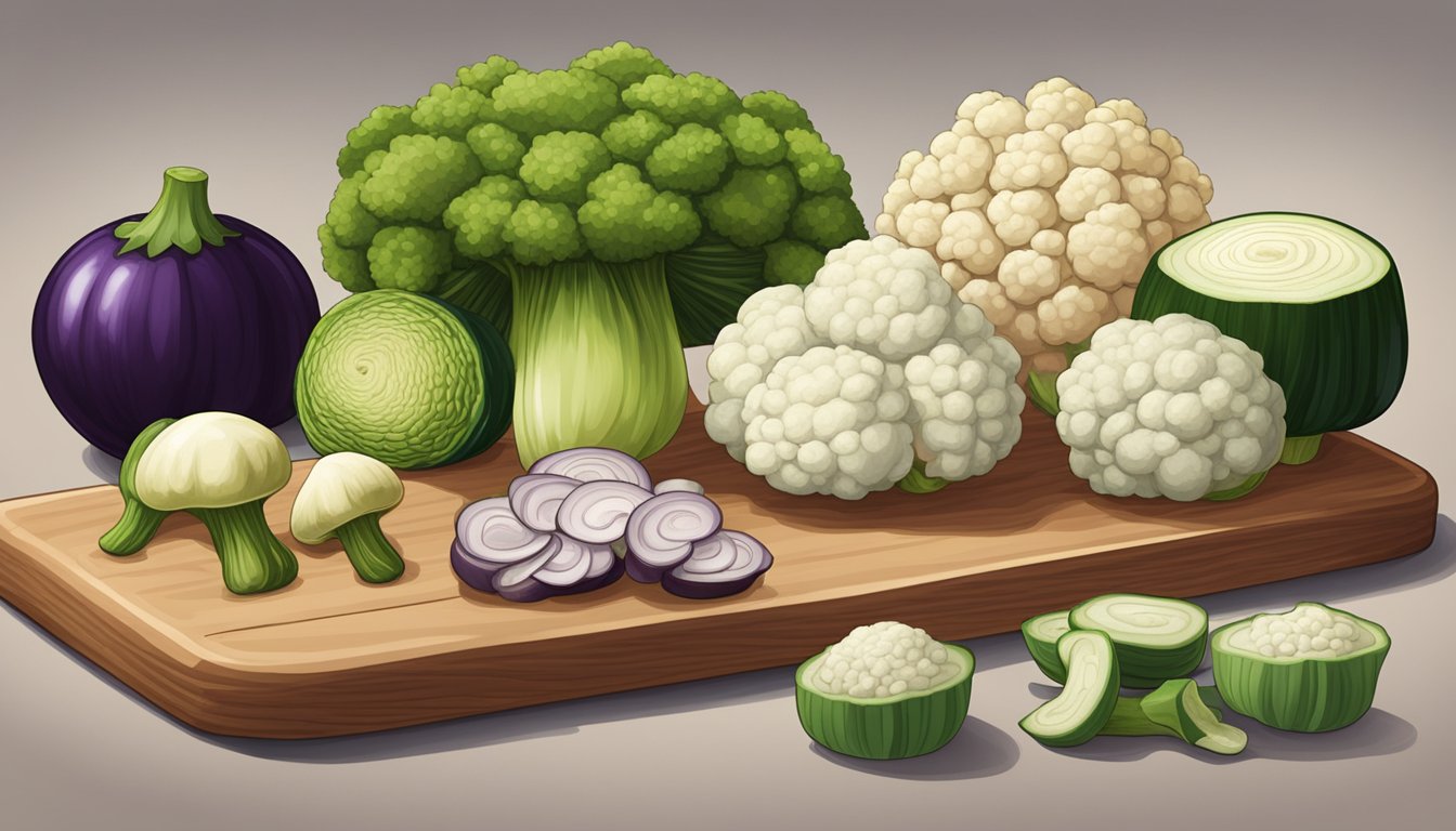 A variety of low-GI mushroom substitutes arranged on a wooden cutting board, including cauliflower, zucchini, and eggplant