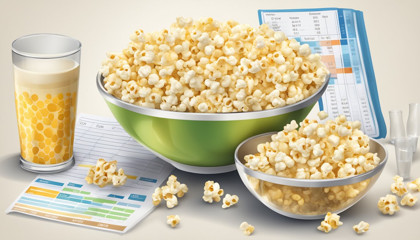 A bowl of popcorn surrounded by measuring cups and nutritional information charts