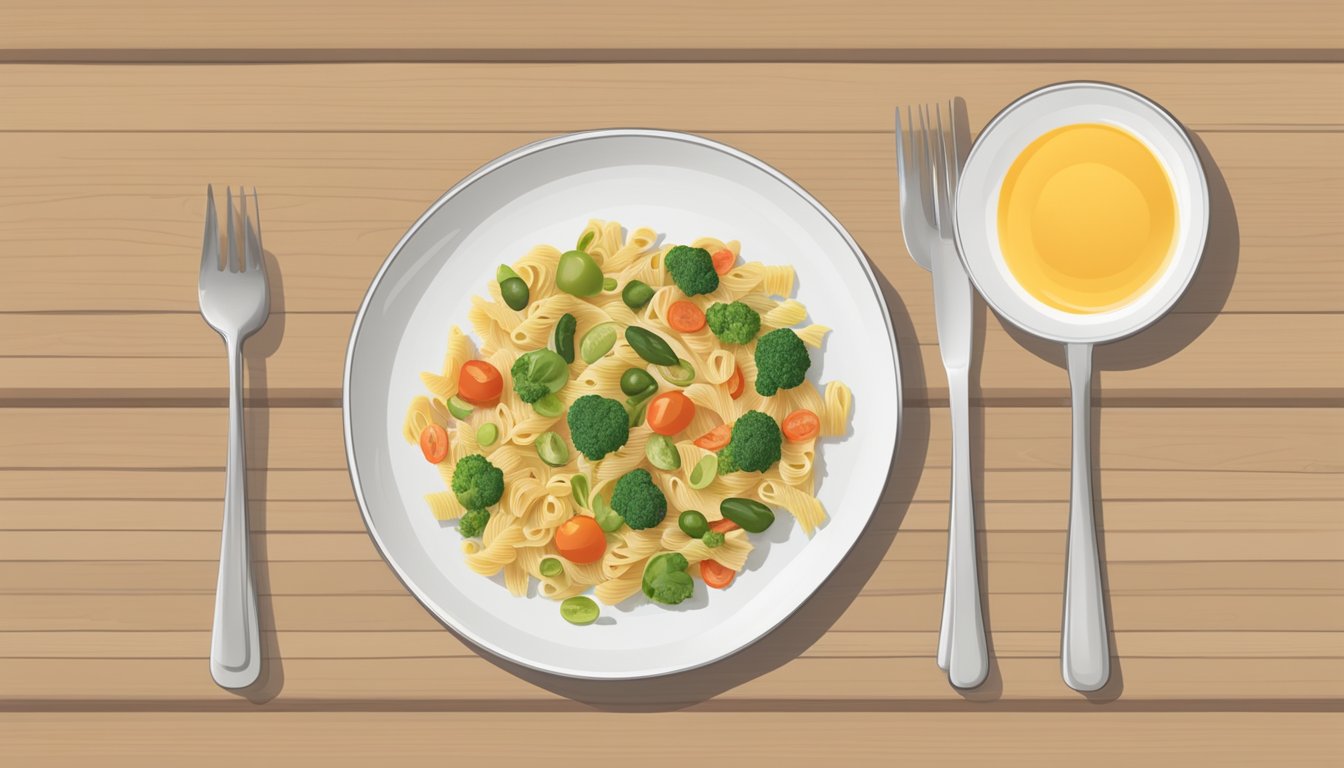 A plate of vegetable pasta with a measured portion, a fork, and a nutrition label