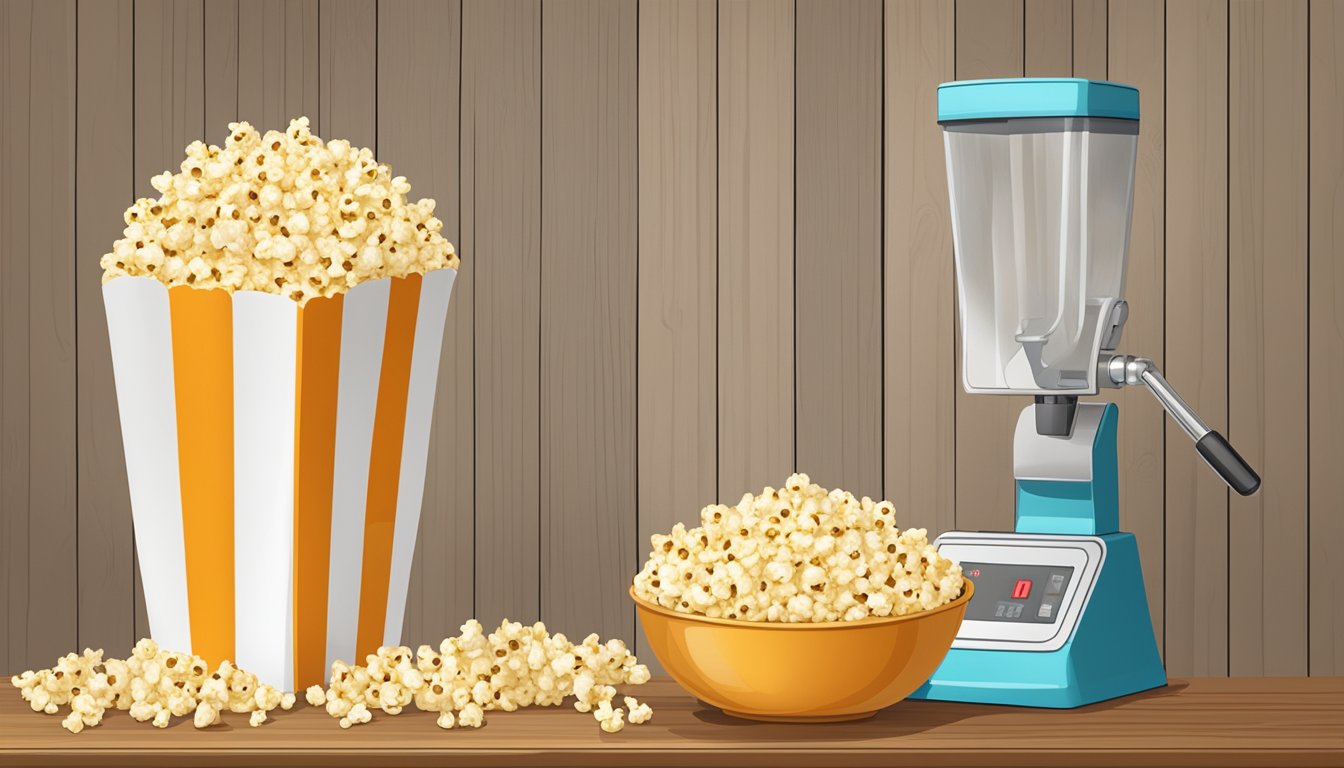 A bowl of freshly popped popcorn sits on a wooden table next to a measuring device displaying the glycemic index