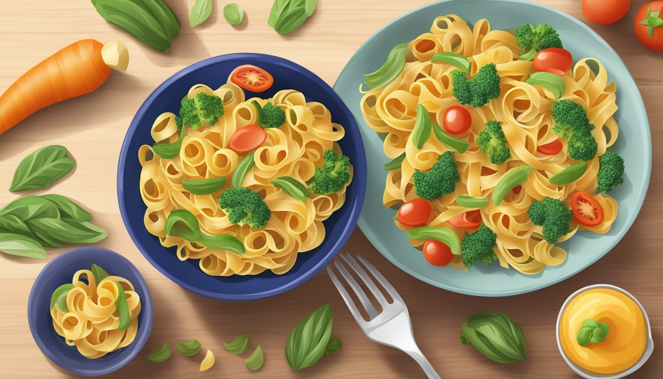 A plate of colorful vegetable pasta with a small portion size next to a measuring cup