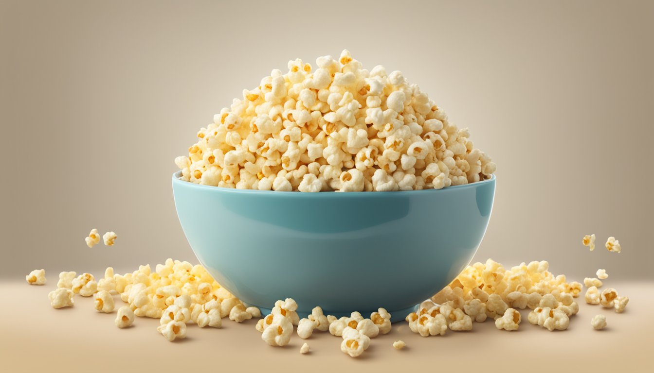 A bowl of popcorn surrounded by a variety of popcorn kernels, with a glycemic index chart in the background