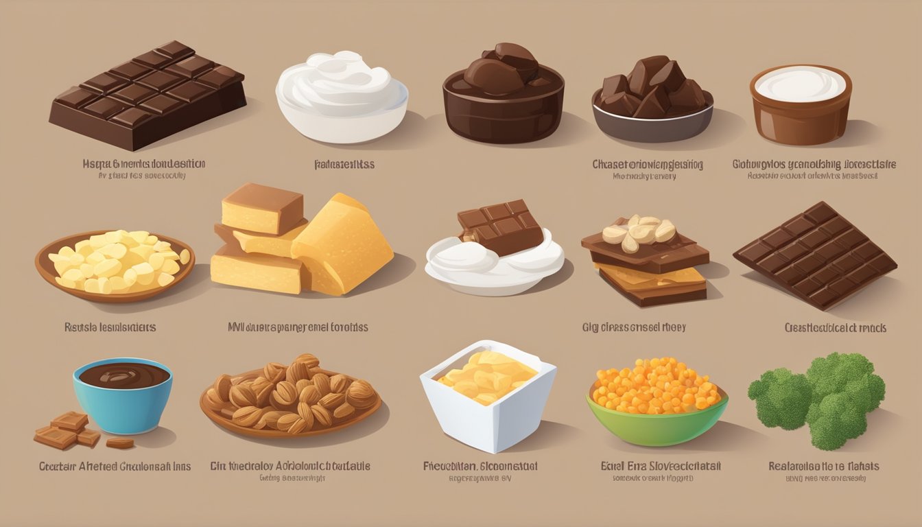 A table with a variety of foods, including dark chocolate, and a glycemic index chart displayed next to it