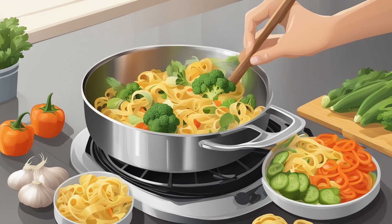 A person measuring a portion of vegetable pasta using a measuring cup, surrounded by fresh vegetables and a pot on the stove