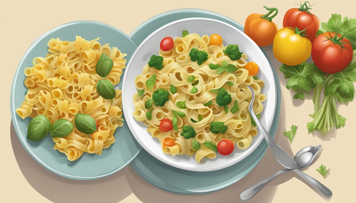 A plate of vegetable pasta with a measuring cup next to it, indicating portion size for a diabetic