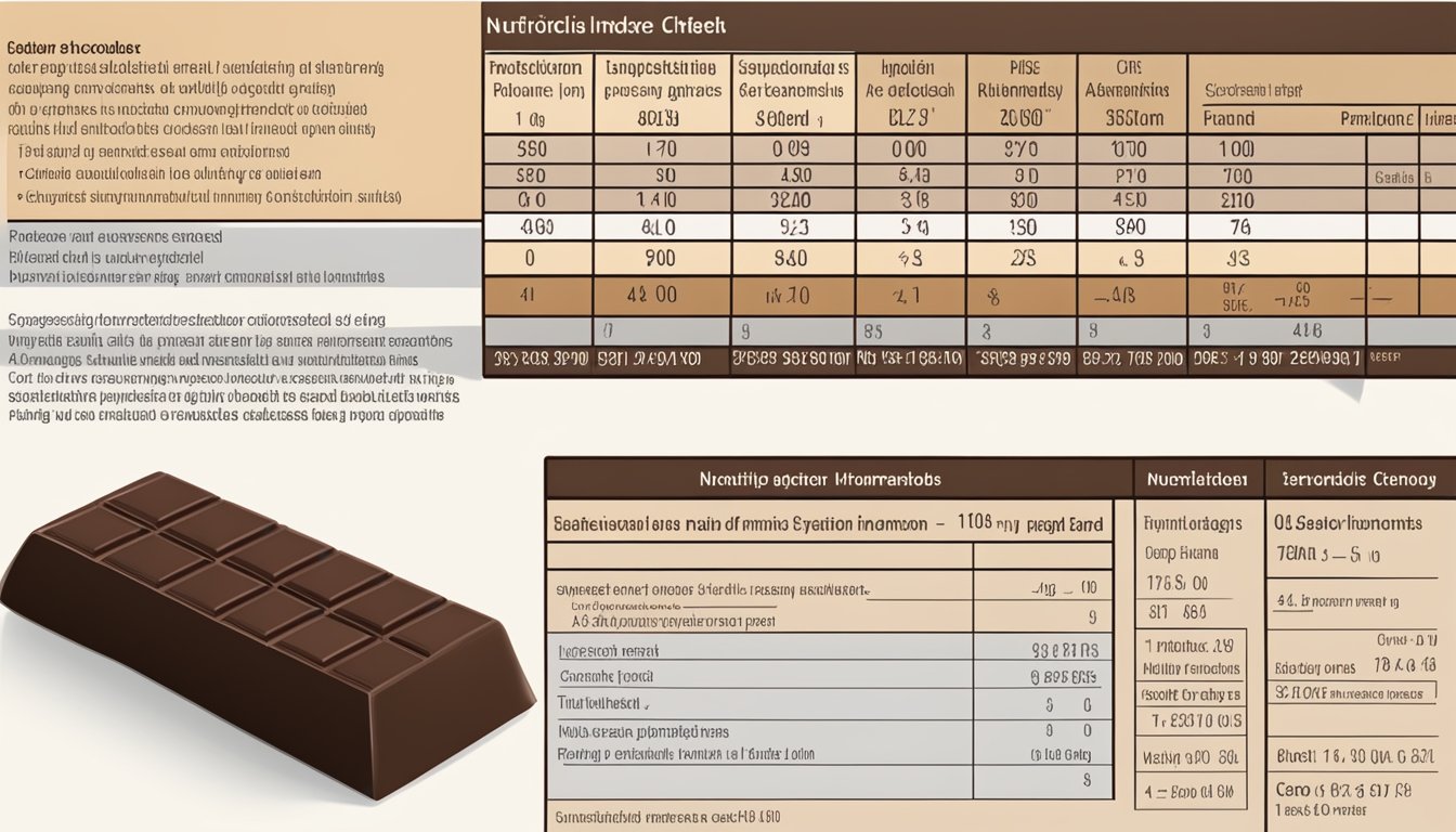 A dark chocolate bar with nutritional information and a glycemic index chart displayed next to it