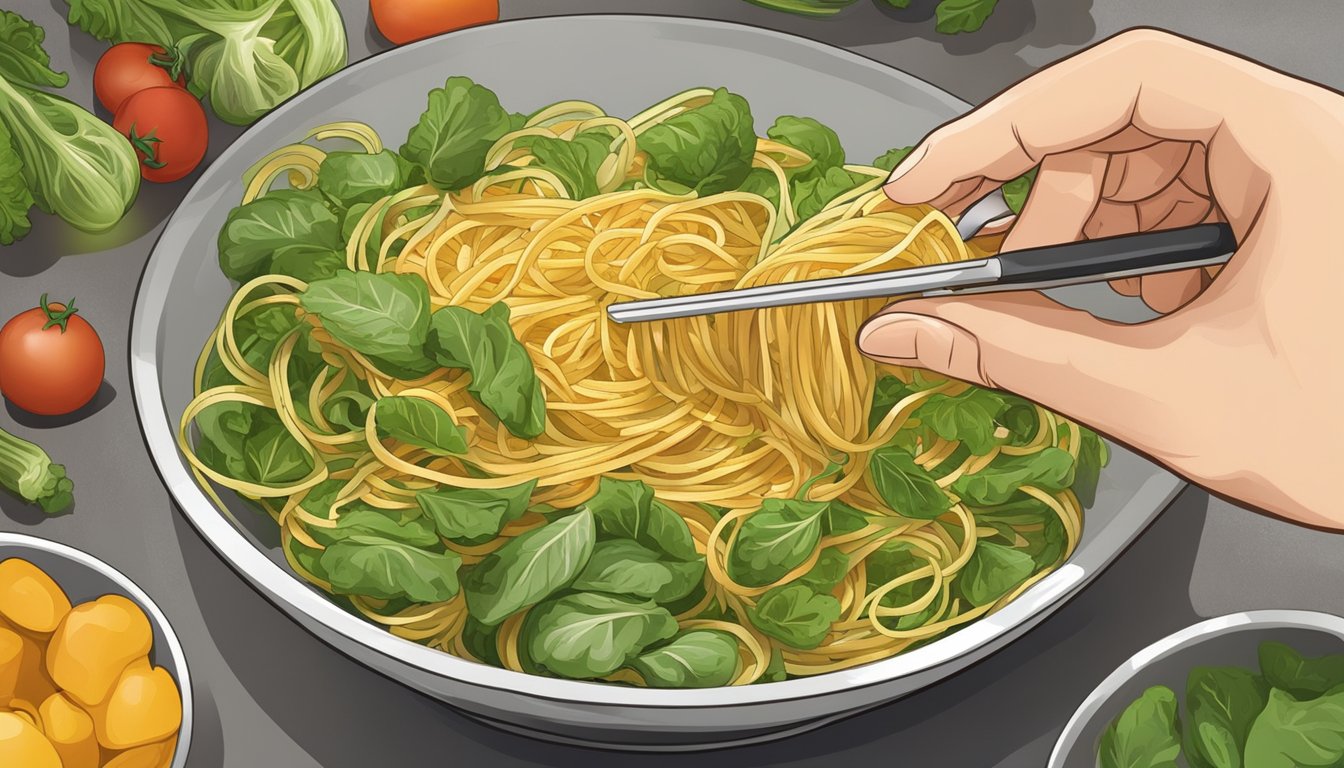 A diabetic measuring a portion of vegetable pasta with a measuring cup on a kitchen counter