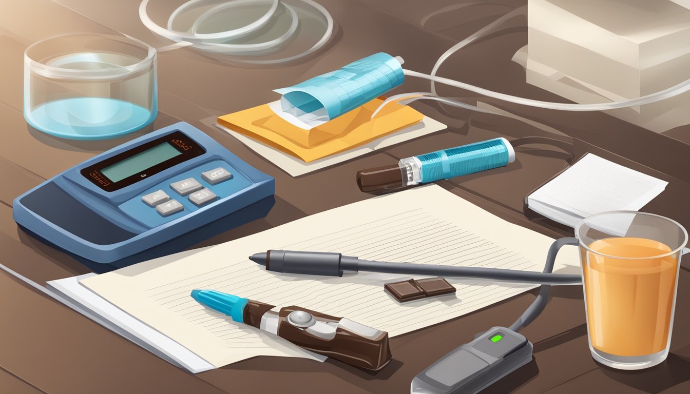 A laboratory table with dark chocolate, a blood glucose monitor, and research papers on glycemic index