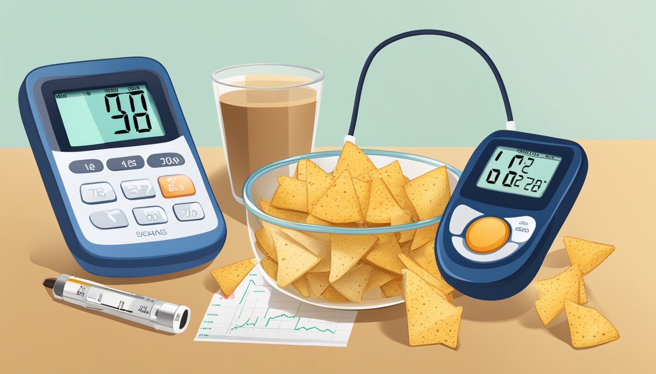 A bowl of tortilla chips sits next to a blood glucose monitor, with a graph showing a spike in blood sugar levels