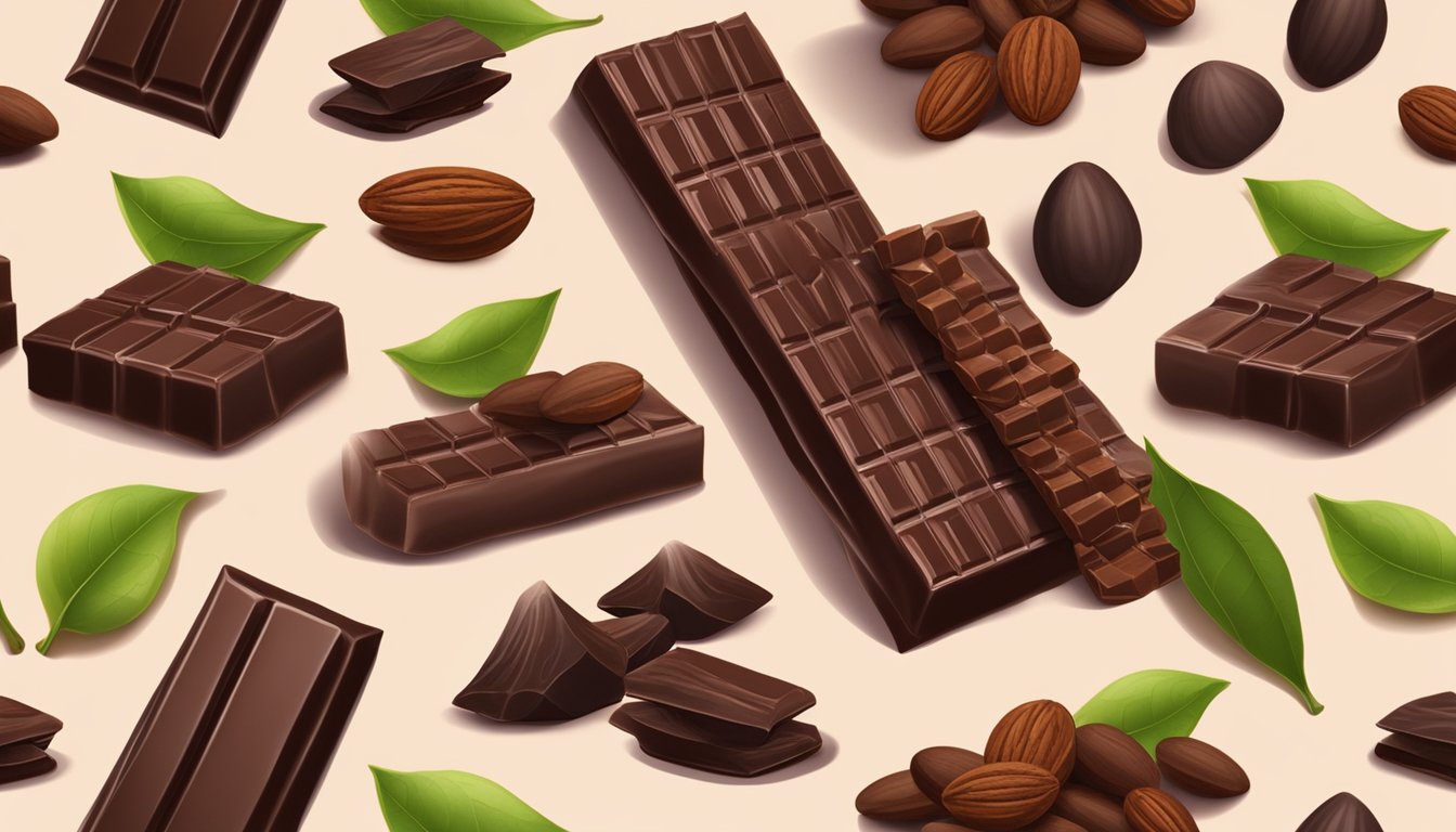 A bar of dark chocolate surrounded by cocoa beans and cacao pods, with a spotlight highlighting its rich color and texture