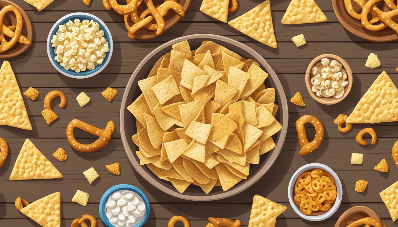 A bowl of tortilla chips surrounded by various snack options like pretzels, popcorn, and crackers on a wooden table