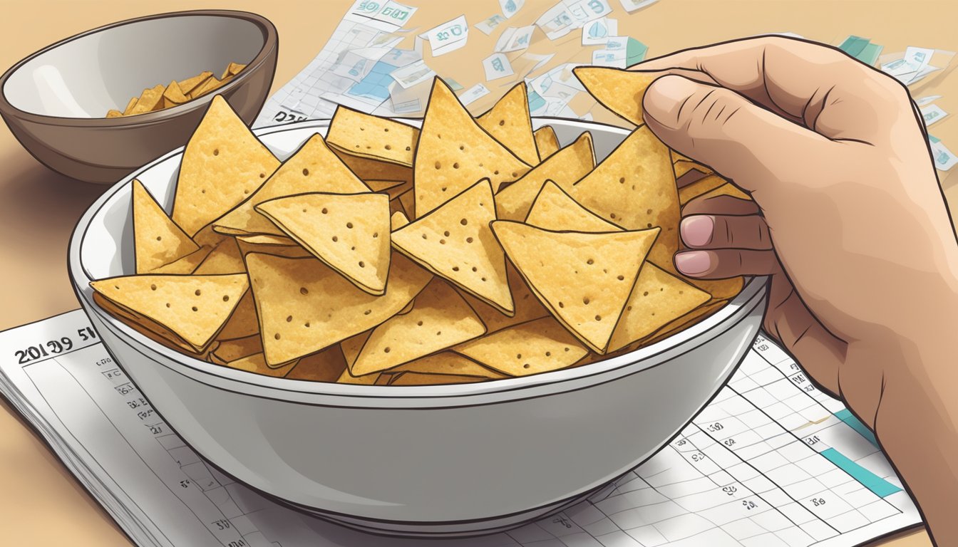 A bowl of tortilla chips sits next to a glycemic index chart, with a hand reaching for a chip