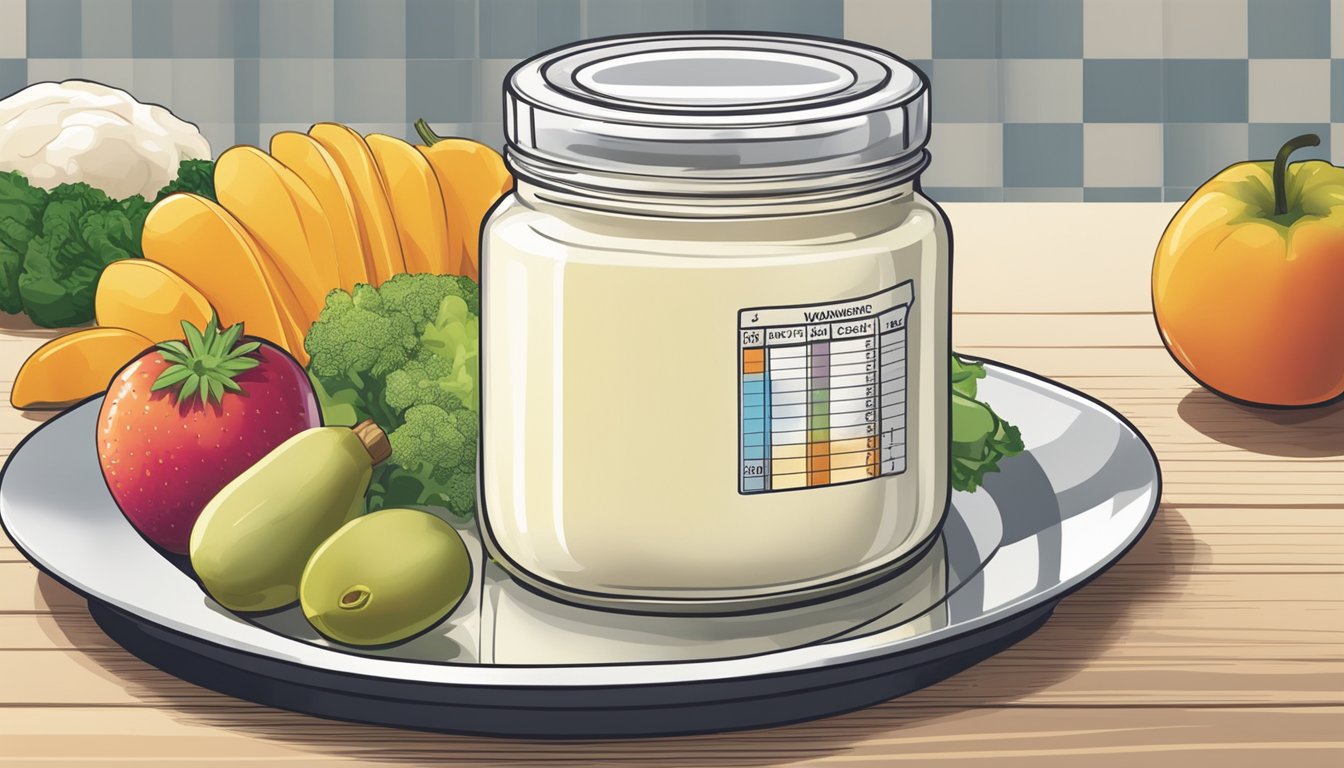 A jar of mayonnaise sits next to a plate of mixed fruits and vegetables, with a glycemic index chart displayed prominently in the background