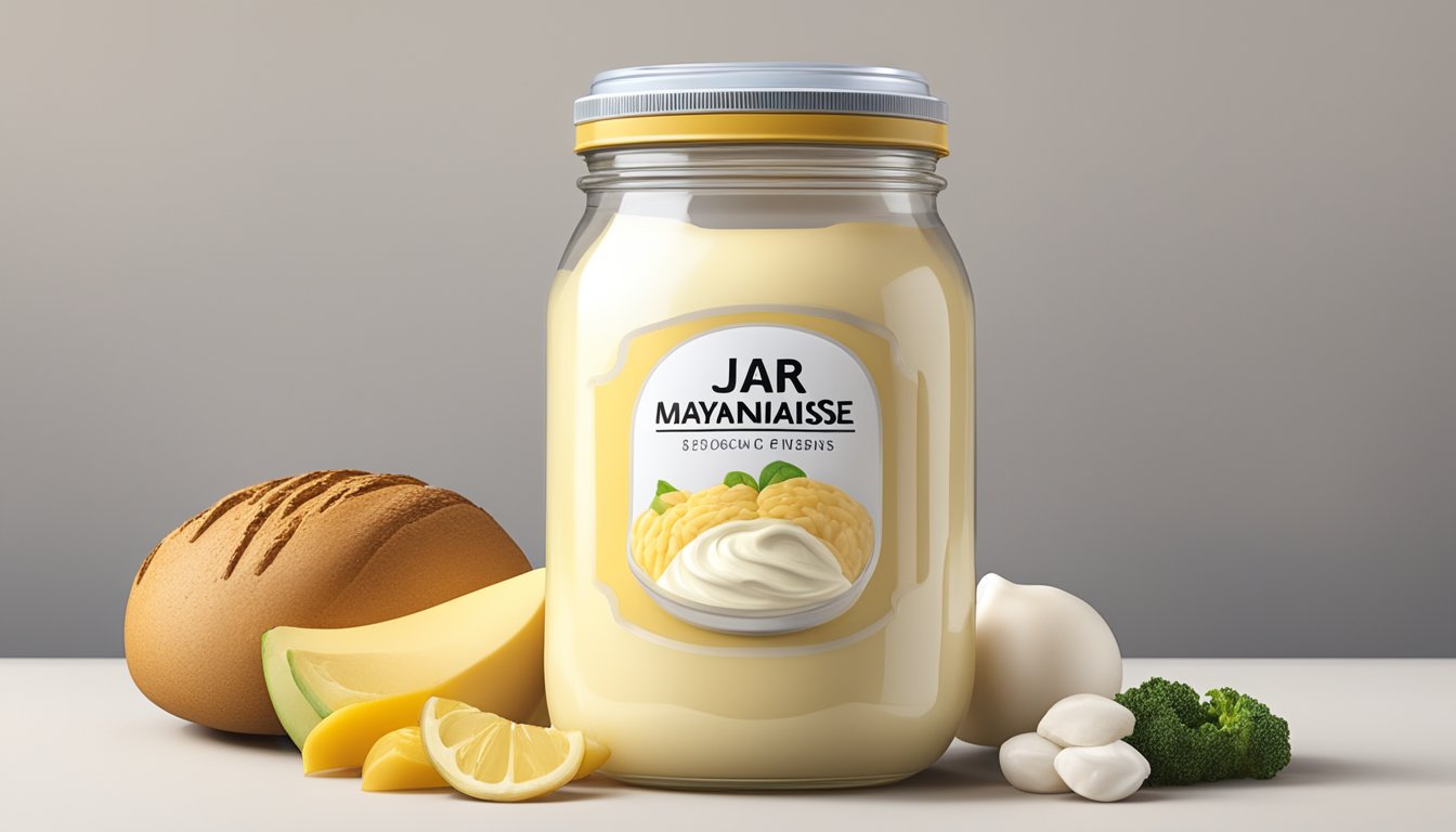 A jar of mayonnaise surrounded by various food items with their glycemic index values displayed