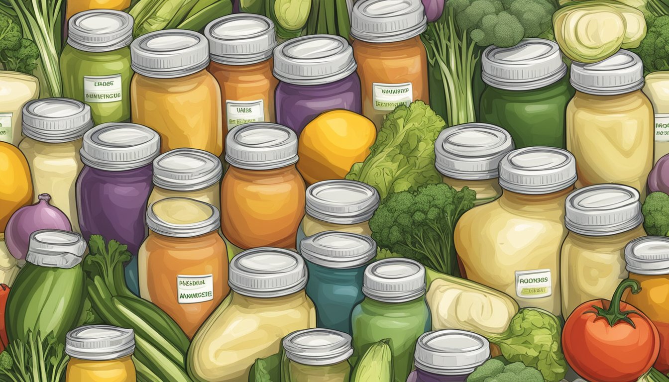 A colorful array of mayonnaise jars surrounded by fresh vegetables and a nutrition label displaying the glycemic index