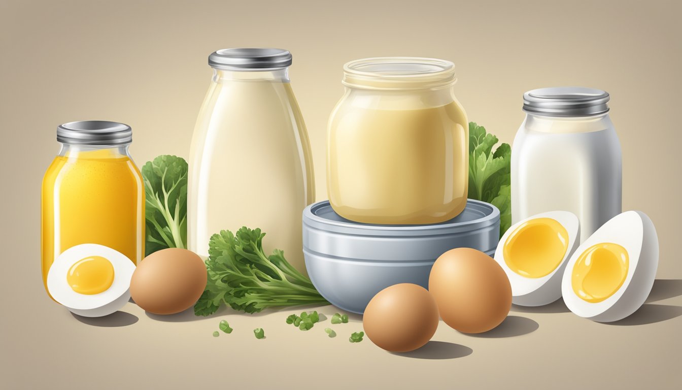 A jar of mayonnaise surrounded by various nutrient-rich ingredients like eggs, oil, and vinegar