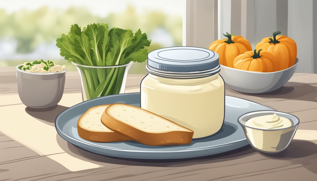 A jar of mayonnaise next to a plate of fresh vegetables and a loaf of bread