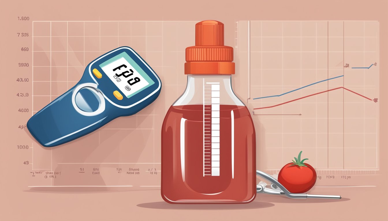 A bottle of ketchup next to a blood glucose monitor and a chart showing the impact of ketchup on blood sugar levels