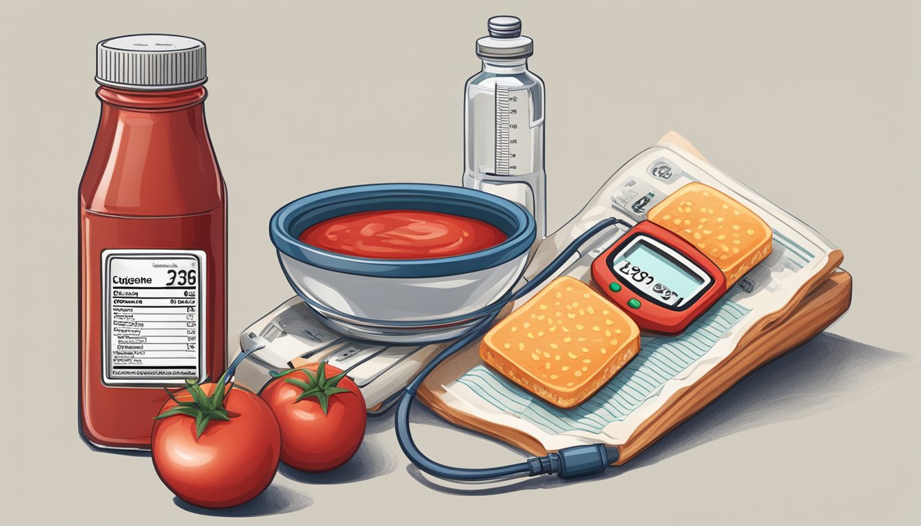 A bottle of ketchup next to a blood glucose monitor and a list of low-glycemic index foods