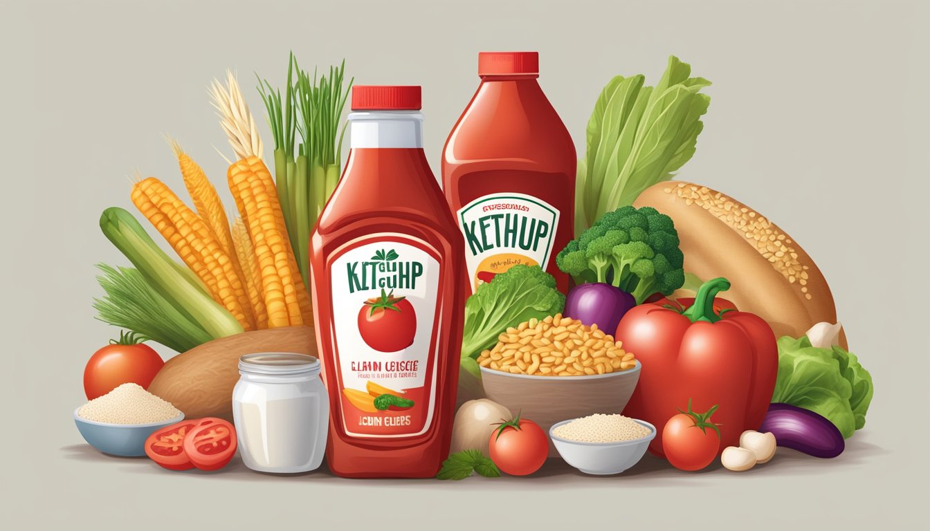 A bottle of ketchup surrounded by various foods with low glycemic index, such as vegetables, whole grains, and lean proteins