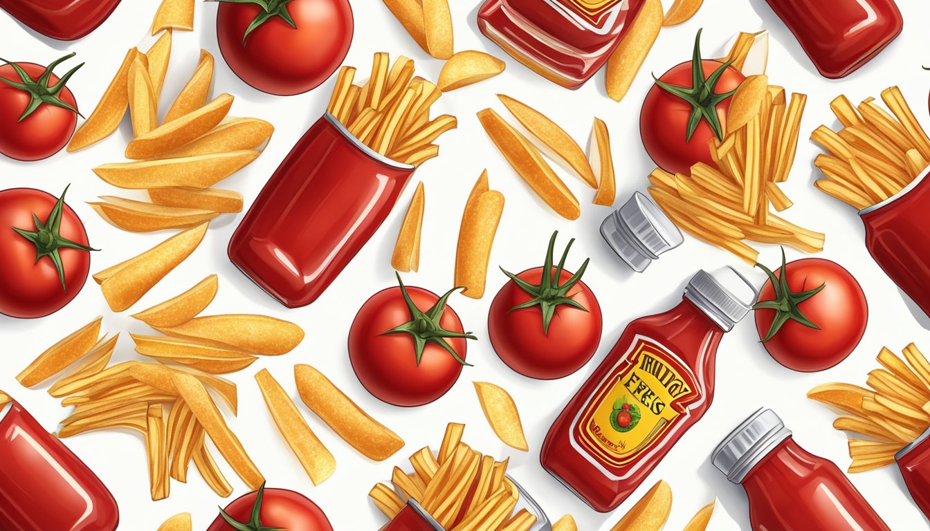 A bottle of ketchup surrounded by ripe red tomatoes and a pile of golden french fries