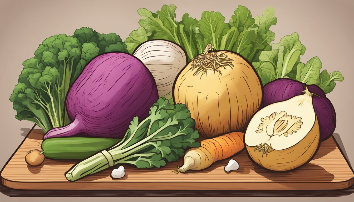 A rutabaga with a low glycemic index, surrounded by other vegetables on a wooden cutting board