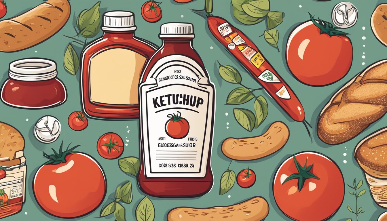 A bottle of ketchup surrounded by various food items with different glycemic index values, such as tomatoes, bread, and sugar