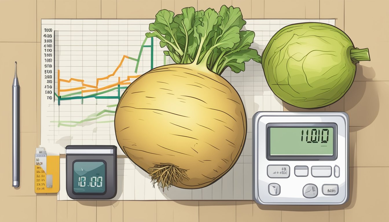 A rutabaga surrounded by a ruler, a blood glucose monitor, and a chart showing the glycemic index