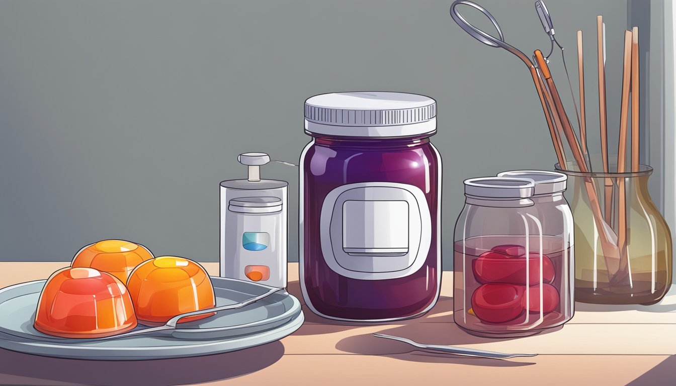 A jar of jelly sits next to a blood sugar monitor and a plate