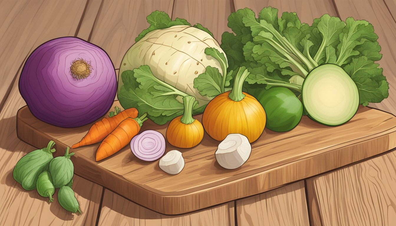 A rutabaga with a low glycemic index and load surrounded by a variety of other vegetables on a wooden cutting board