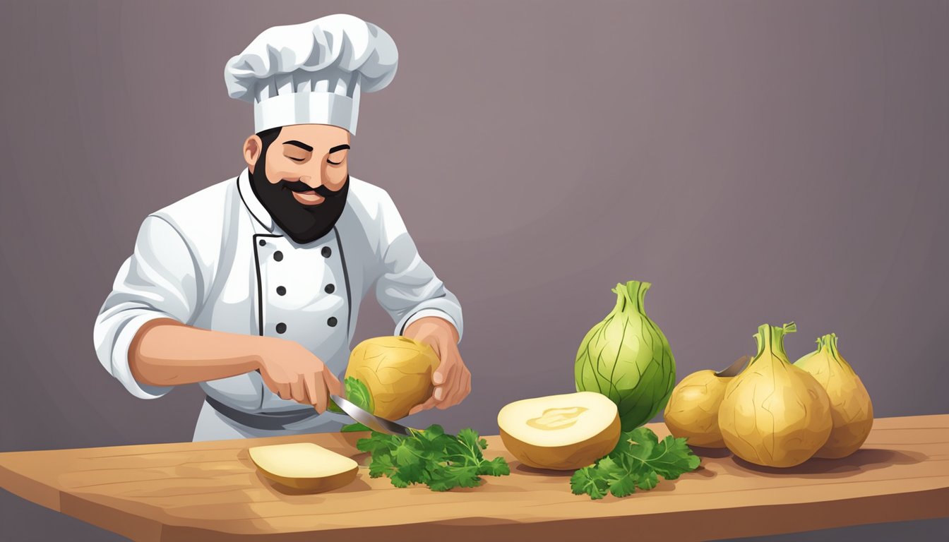 A chef slicing rutabaga for a healthy meal