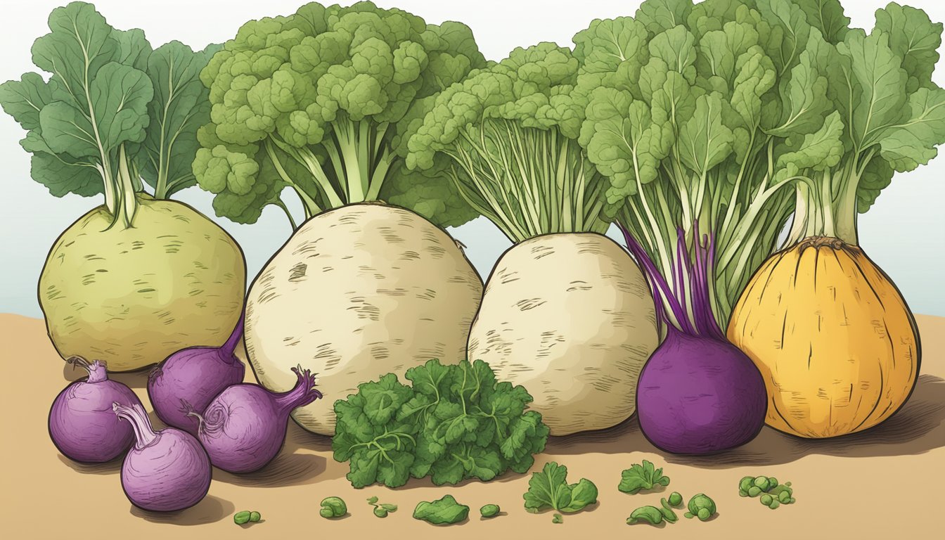 A rutabaga surrounded by similar vegetables with their respective glycemic index values displayed