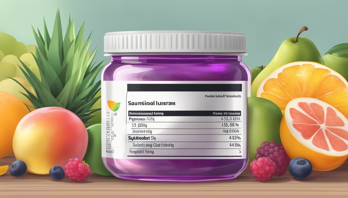 A jar of jelly surrounded by fresh fruits and a nutrition label with low glycemic index highlighted