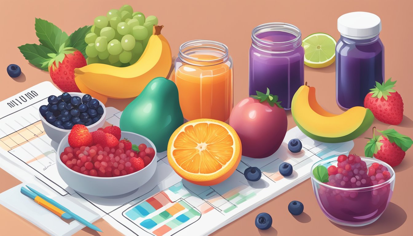 A colorful array of fruits and berries, with a jar of jelly next to a nutrition guide and glycemic index chart