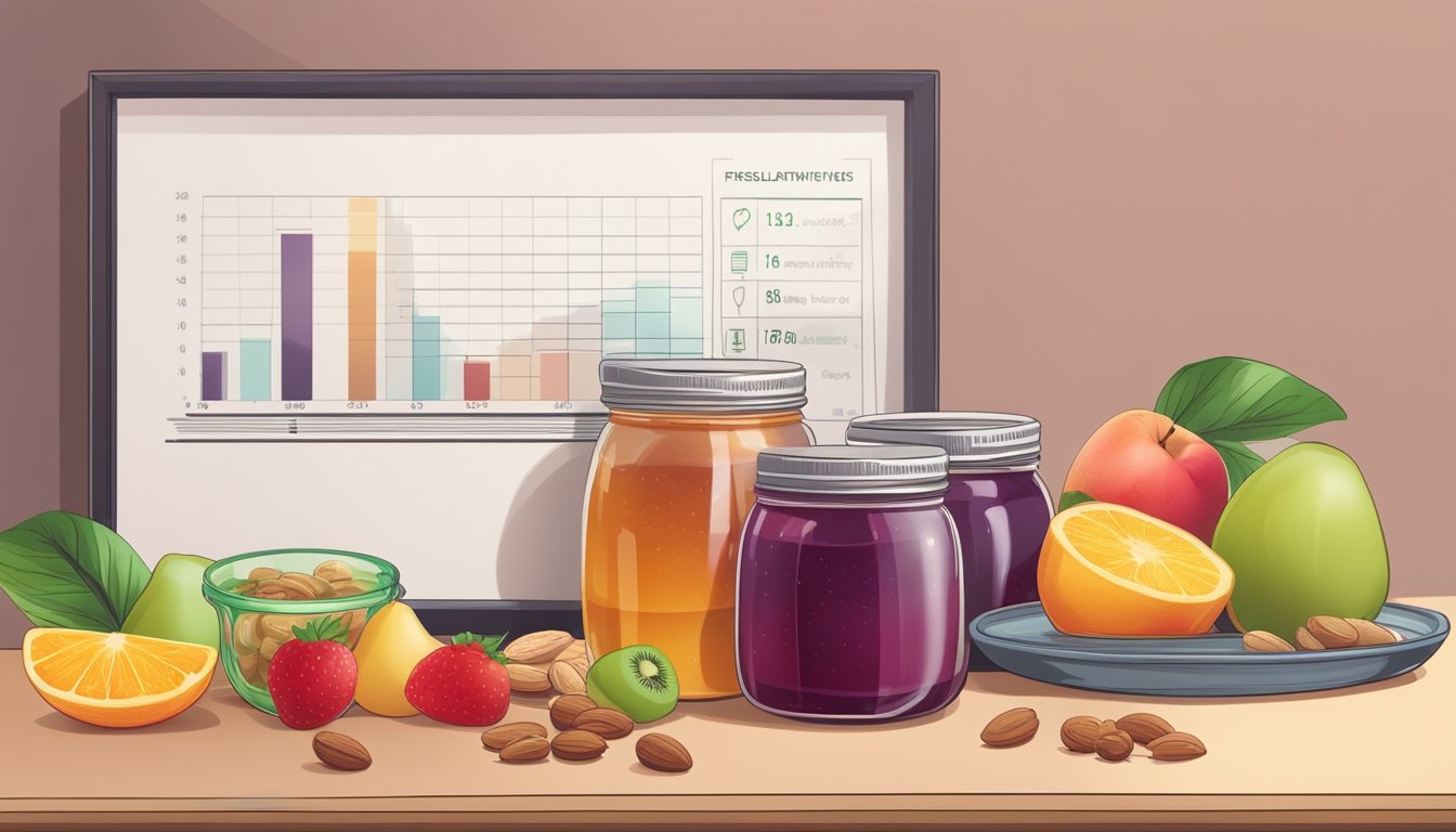 A jar of jelly next to a plate of alternative options like fresh fruit and nuts, with a glycemic index chart in the background