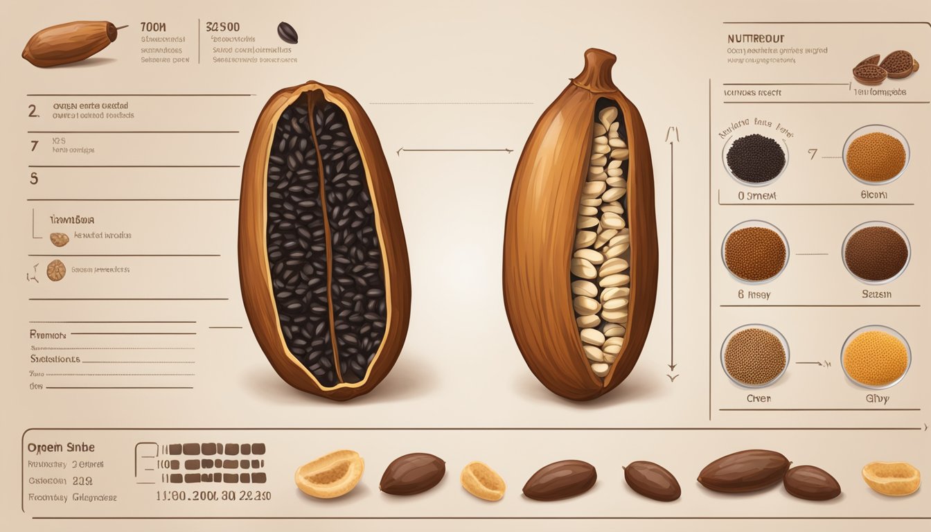 A tamarind pod with open shell revealing the tangy, brown pulp and shiny, dark seeds. A nutrition label and glycemic index chart sit beside it