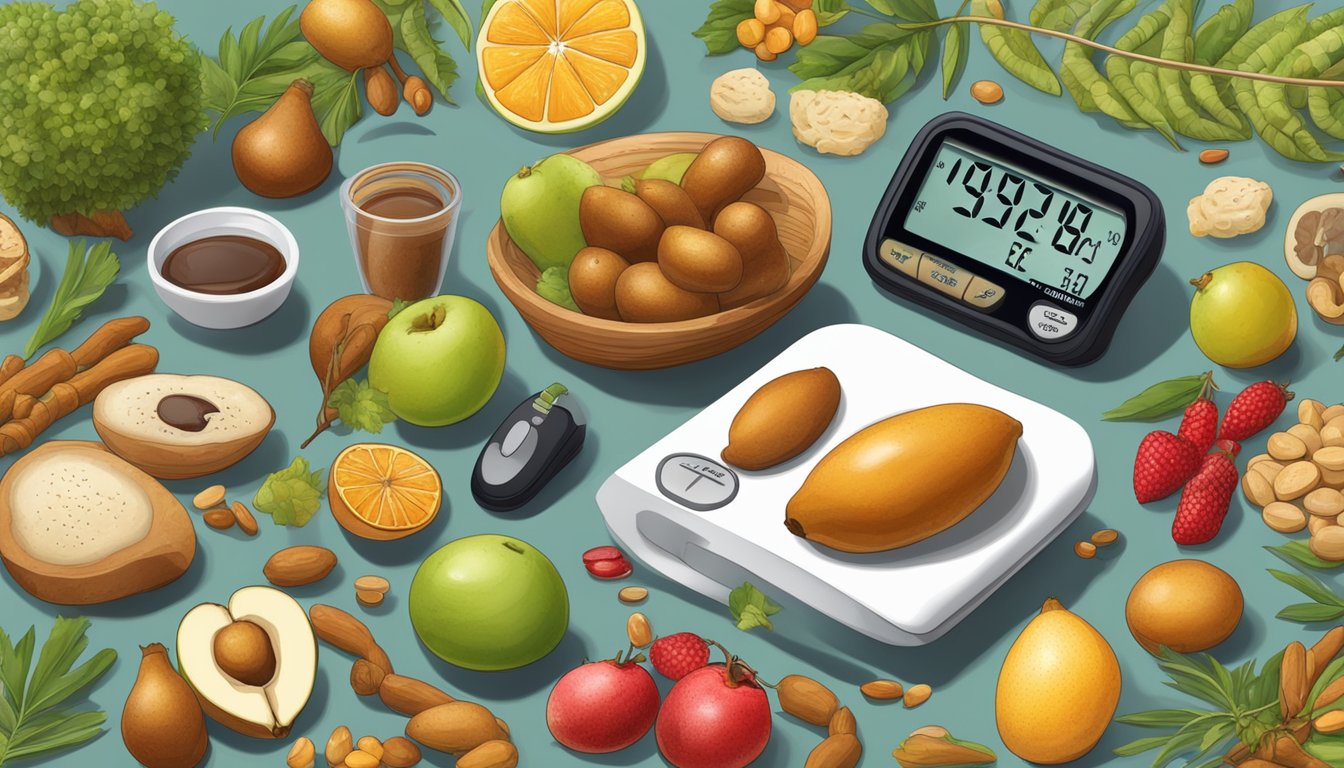 A tamarind fruit surrounded by various healthy food items and a blood sugar monitor