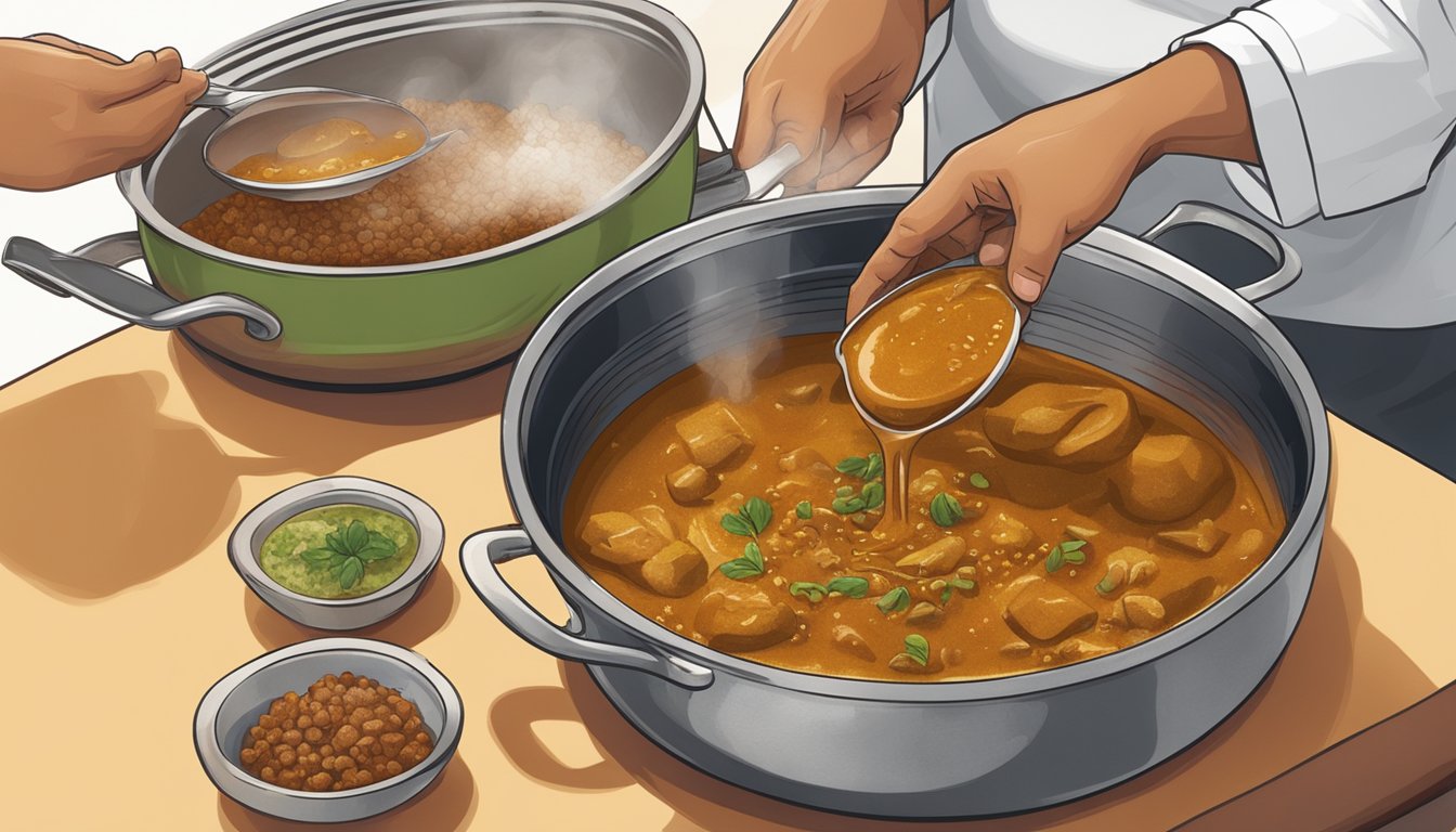 A chef adding tamarind paste to a pot of simmering curry