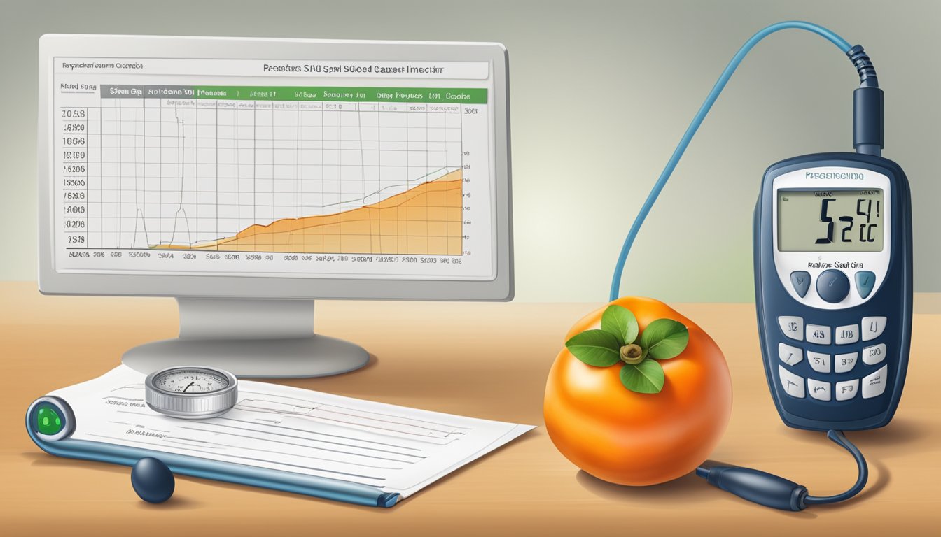 A ripe persimmon with a glycemic index chart and blood sugar monitor